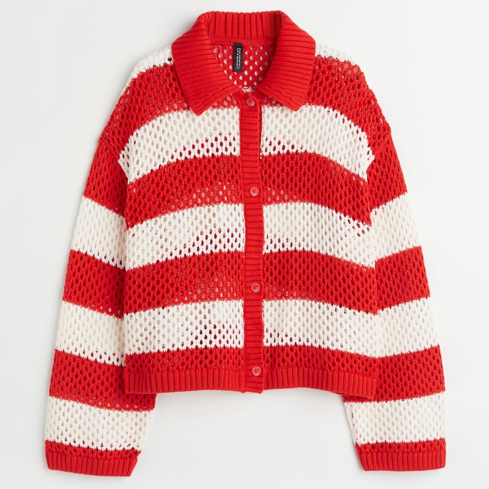 H&M Open Knit Red and White Collared Cardigan with Buttons - Women’s size XXL